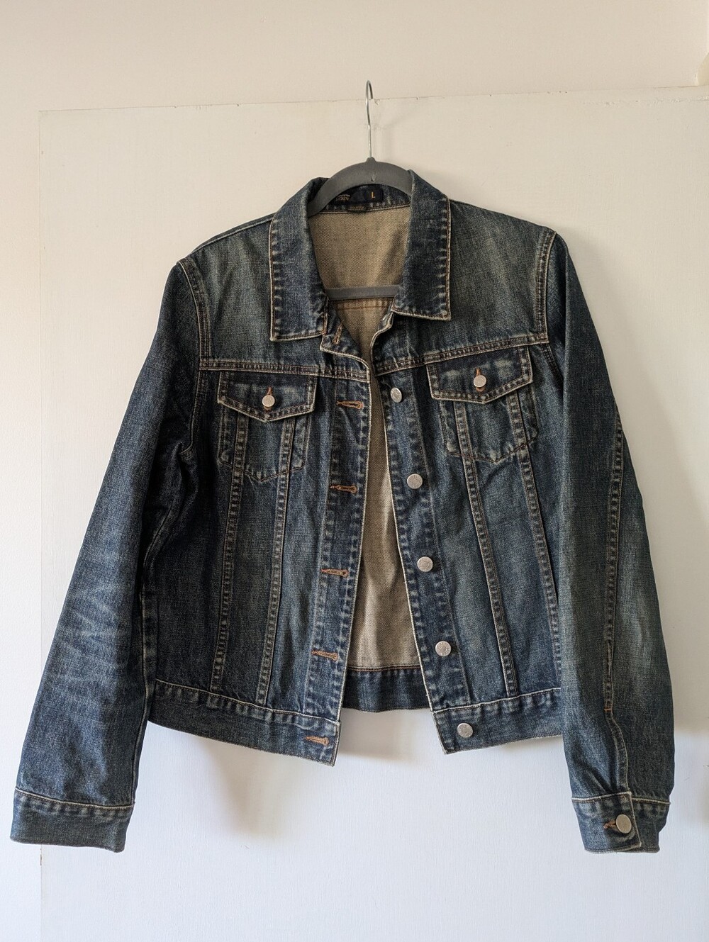 J. Crew Vintage Denim Jacket in Dark Blue with Gold Label Accent